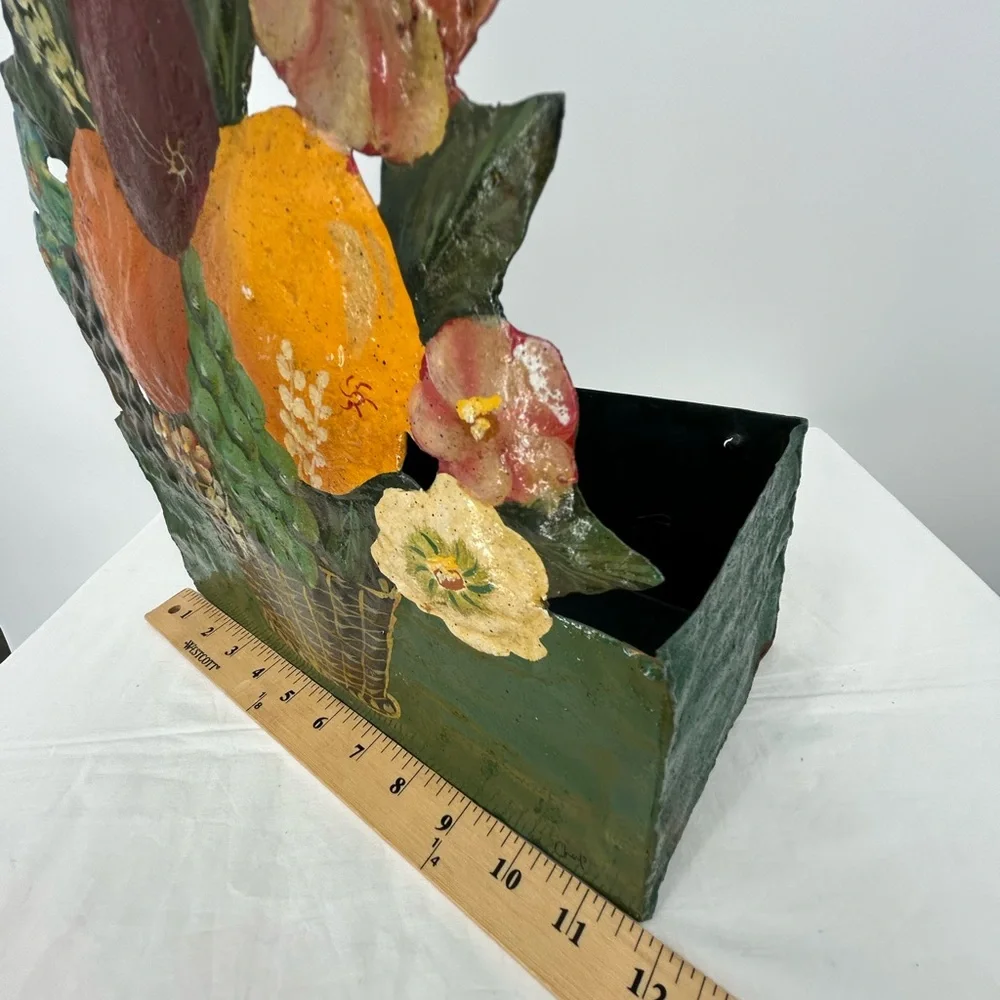 Vintage Hand‎ Painted Flower Basket on Metal Tin Wall Box Mail Box Nik Nak Box